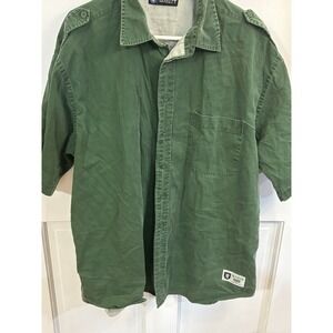 Vintage Rugged Military Style Varsity Button Up Shirt Men's Green XL